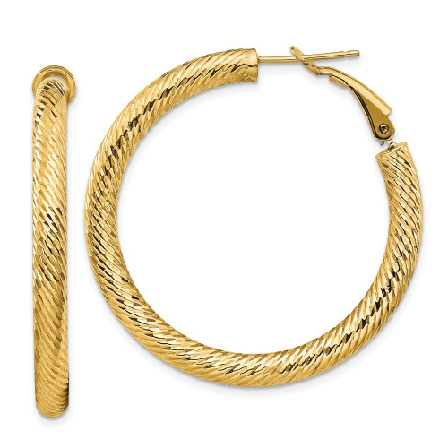 14k 4x30mm Diamond-cut Round Omega Back Hoop Earrings