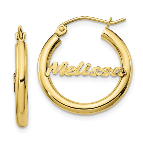 10KY Small Satin and Diamond Cut Name Plate Hoop Earrings