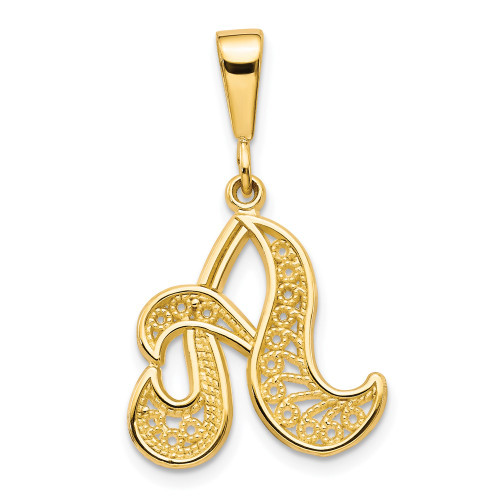 14KY Polished Script Filigree Letter A Initial Pendant