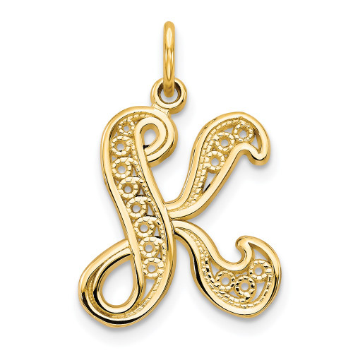 14KY Polished Script Filigree Letter K Initial Pendant
