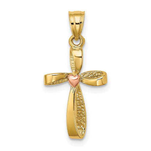 14k Two-Tone Twisted Cross w/ Heart Charm