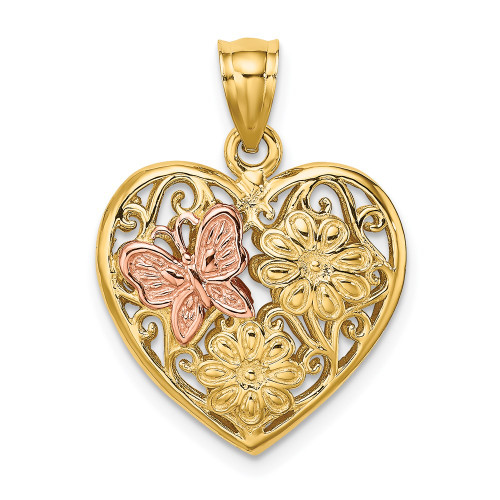 14k Two-Tone 3-D Heart w/ Butterfly Reversible Charm
