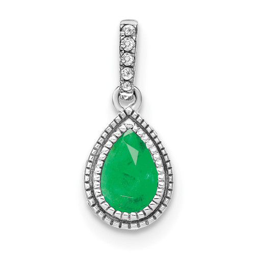 14k White Gold Pear Emerald and Diamond Pendant