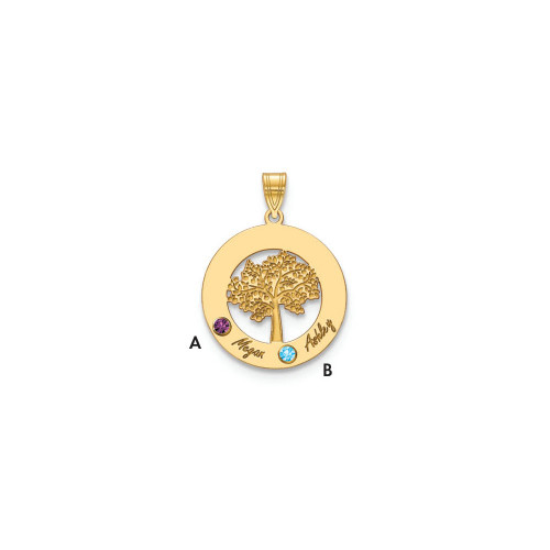 10KY Family Tree in Circle 2 Names and Birthstones w/ 18k Bezel Pendant