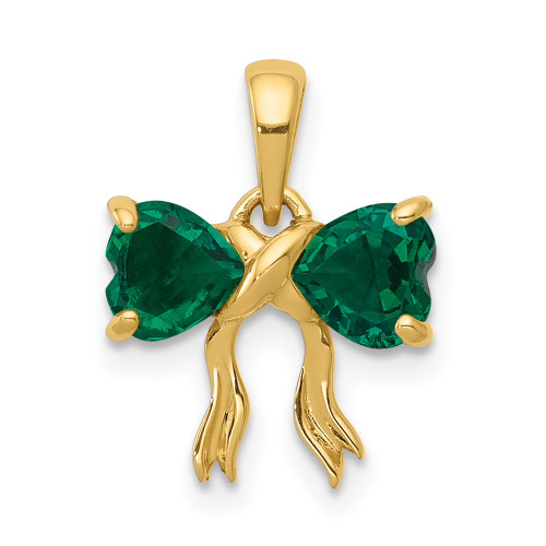 14k Gold Polished Created Emerald Bow Pendant