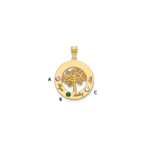 14KY Family Tree in Circle 3 Names and Birthstones w/ 18k Bezel Pendant