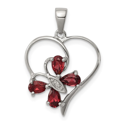 Sterling Silver Rhodium Garnet and Diamond Butterfly Heart Pendant