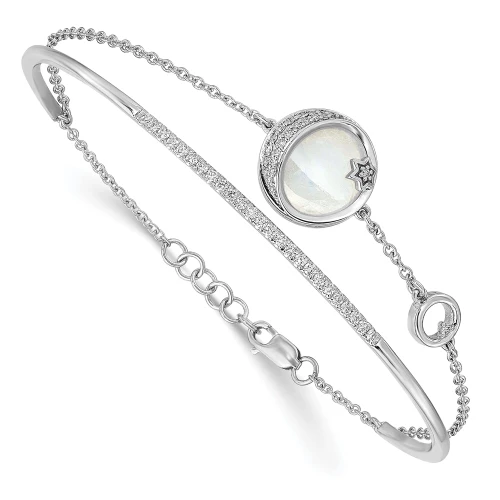 14k White Gold Dia. & Moonstone Moon & Star 7in w/.5in ext Bracelet