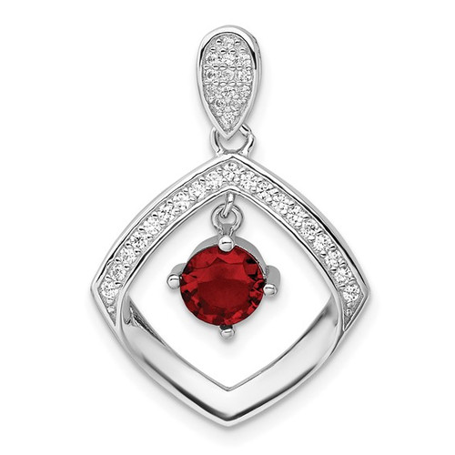 Sterling Silver RH-plated Red Glass and Clear CZ Fancy Square Pendant