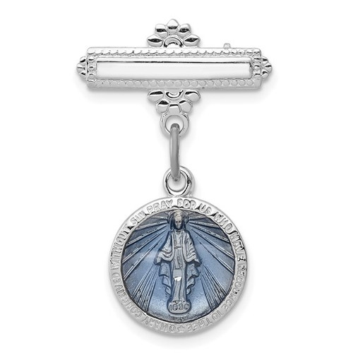 Sterling Silver Rhodium-plated Enameled Miraculous Medal Pin Sterling Silver Rhodium-plated Enameled Miraculous Medal Pin