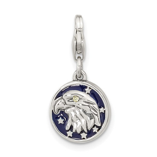 Amore La Vita Sterling Silver Rhodium-plated Polished Antiqued Enameled Crystal From Swarovski Reversible American Flag Eagle Charm with Fancy Lobster Clasp