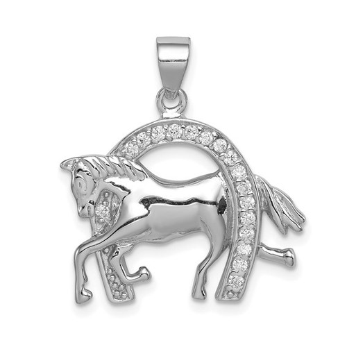 Sterling Silver Rhodium-plated Horse and Horseshoe CZ Pendant