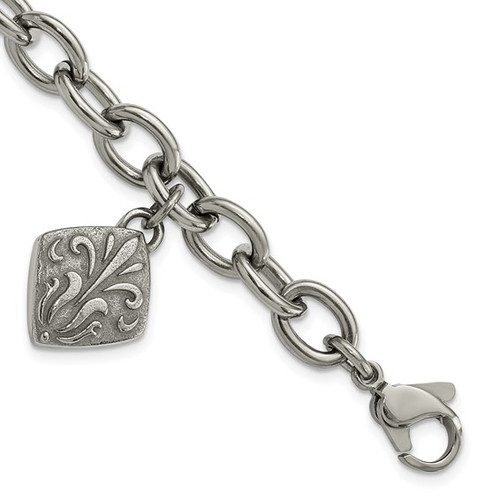 Titanium and Sterling Silver Black Ti Polished and Etched Charm Bracelet