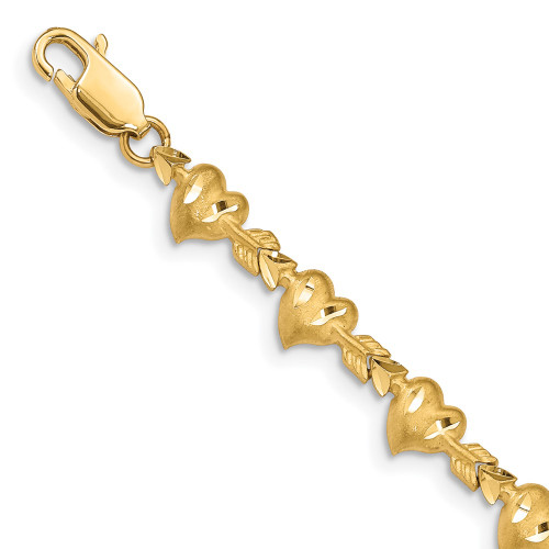 14k Satin Diamond-cut Heart with Arrow 7 inch Bracelet