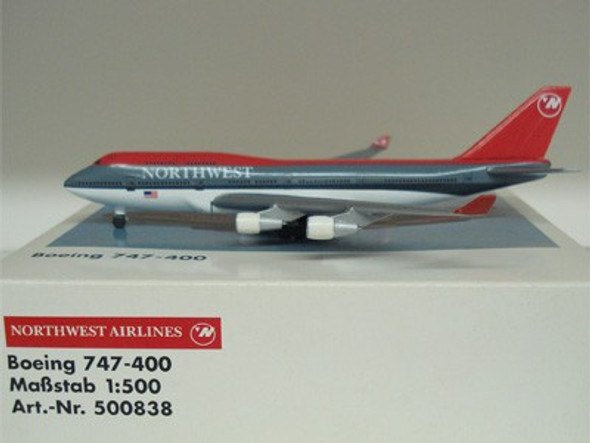 500838N | Herpa Wings 1:500 | Boeing 747-400 Northwest Airlines 'Second Version' without Northwest / KLM logo (updated box, HERPA logo on belly)