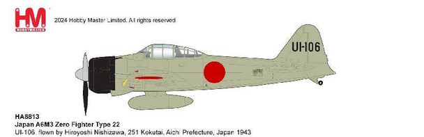 HA8813 | Hobby Master Military 1:48 | Japan A6M3 Type 22 UI-106, flown by Hiroyoshi Nishizawa, 251 Kokutai, Aichi Prefecture, Japan 1943 | is due: August 2024