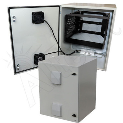 Altelix 28x24x24 Steel Weatherproof NEMA Enclosure with 19" Wide 8U Adjustable Rack Frame, Dual Door Mounted Cooling Fans, Dual 120 VAC Duplex Outlets and Power Cord Altelix 28x24x24 Steel Weatherproof NEMA Enclosure with 19" Wide 8U Adjustable Rack Frame, Dual Door Mounted Cooling Fans, Dual 120 VAC Duplex Outlets and Power Cord