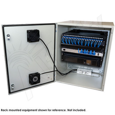 Altelix 28x24x24 Steel Weatherproof NEMA Enclosure with 19" Wide 8U Adjustable Rack Frame, Dual Door Mounted Cooling Fans, Dual 120 VAC Duplex Outlets and Power Cord