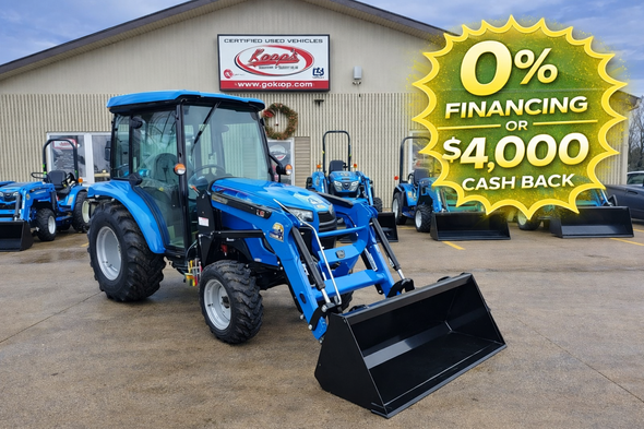 LS MT226 Cab 26 HP compact diesel tractor with enclosed cab and front loader attached.