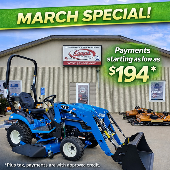 LS MT122 22 HP tractor powered by Yanmar diesel engine with front loader in open station configuration.