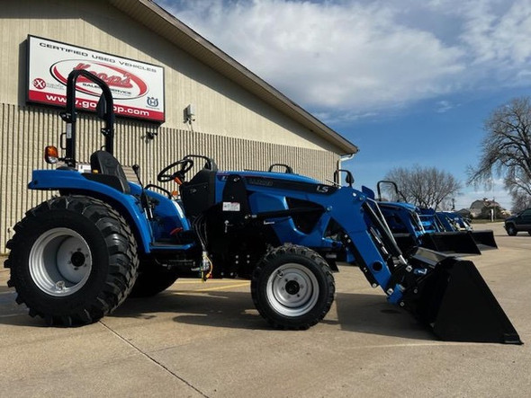 LS MT242 Premium 42 HP compact diesel tractor with front loader attached, shown in open station configuration.