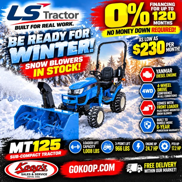 LS Tractor MT125 - 24.7HP -4x4- Yanmar Diesel - w/ 50" Snowblower, Front Loader, & Versa Turf Tires