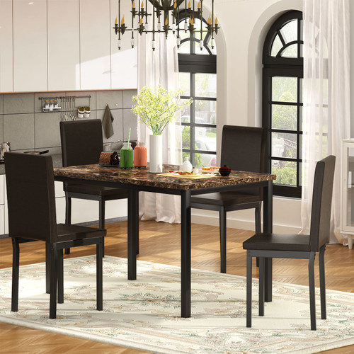 5 Pieces Dining Set 5-Piece Kitchen Table Set with Marble Top, 4 Durable black faux leather upholstery Chairs Perfect for Kitchen, Breakfast Nook, Living Room Occasions