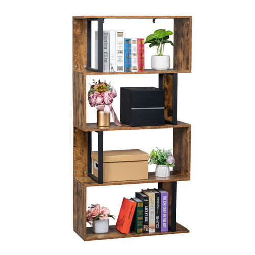 Bookcase and Bookshelf 4 Tier Display Shelf, S-Shaped Z-Shelf Bookshelves, Freestanding Multifunctional Decorative Storage Shelving for Home Office, Vintage Brown Industrial Style RT