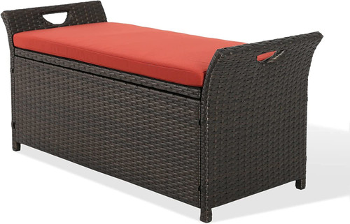 Patio Wicker Storage Bench Outdoor Rattan Deck Storage Box with Cushion 