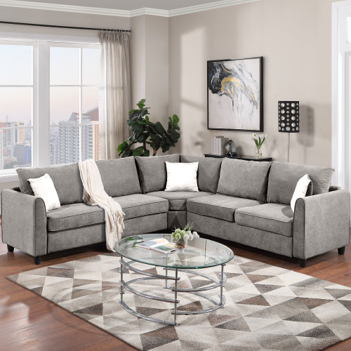 [VIDEO provided] 100*100' Big Sectional Sofa Couch L Shape Couch for Home Use Fabric Grey 3 Pillows Included