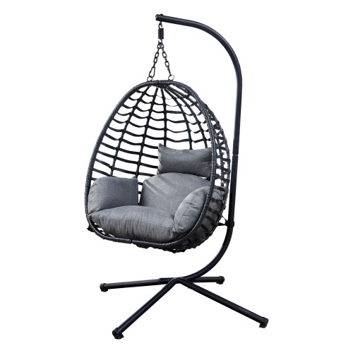 Outdoor Wicker Swing Chair With Stand for Balcony, 37"Lx35"Dx78"H (Grey)
