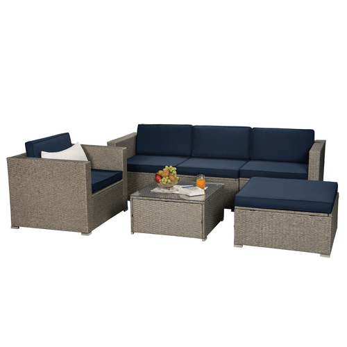 Outdoor Garden Patio Furniture 6-Piece Brown PE Rattan Wicker Sectional  Cushioned Sofa Sets