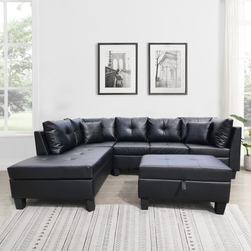 Three Piece sofa with three-seat sofa, one  Left chaise lounge, one  storage ottoman, seven  back cushions two  throw pillows (BLACK PU)