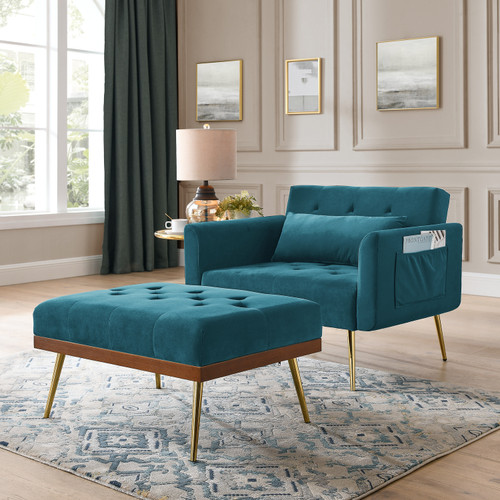 Recline Sofa Chair with Ottoman;  Two Arm Pocket and Wood Frame include 1 Pillow;  Teal (40.5'x33'x32')