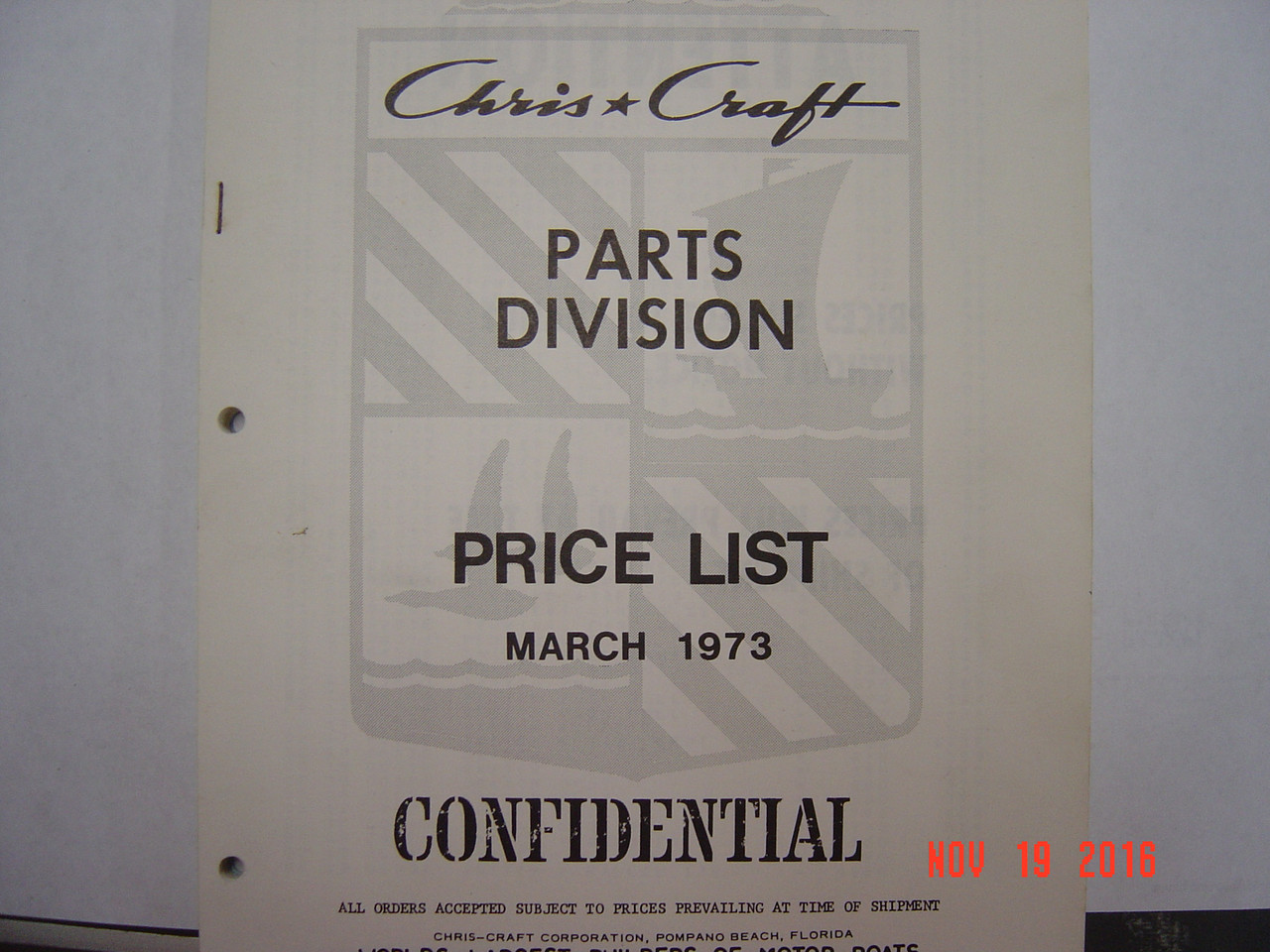 CHRIS CRAFT 1973 PARTS PRICE LIST