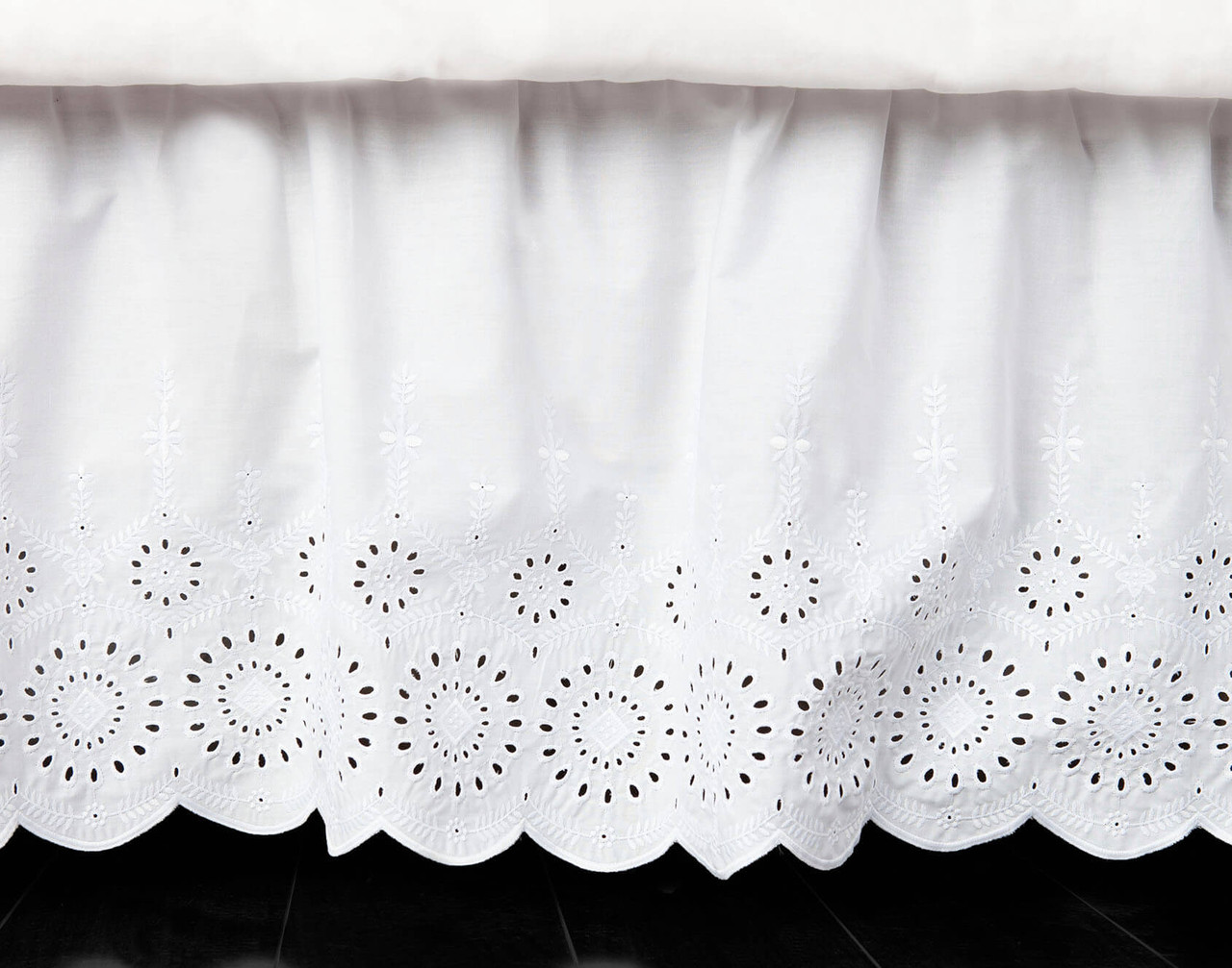 Ruffled Eyelet Bedskirt is made from 50% cotton and 50% polyester while the deck is 100% polyester. 