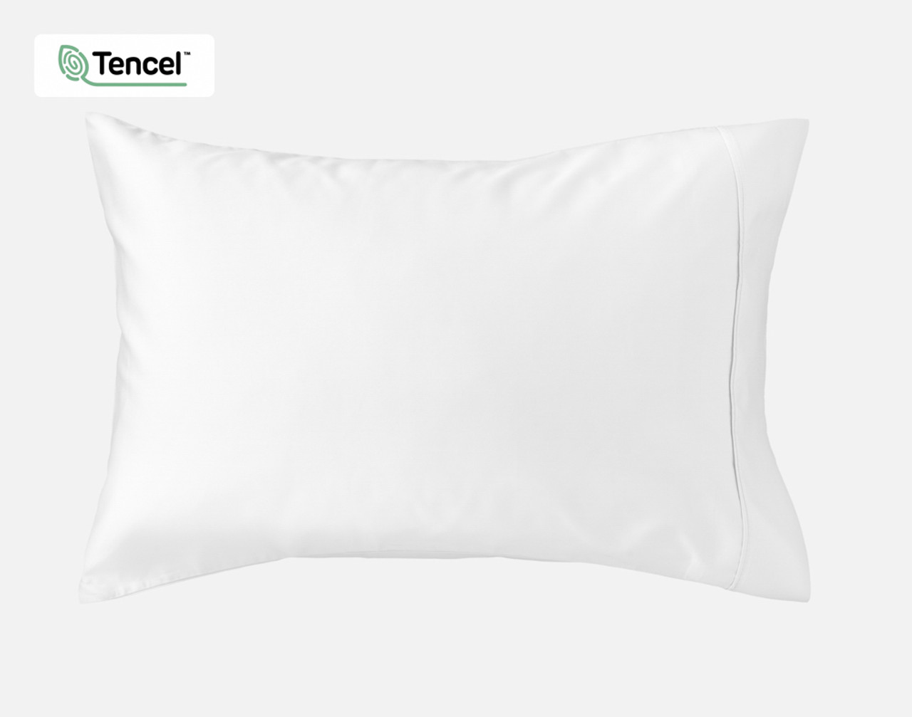 Front view of a Eucalyptus Luxe TENCEL™ Lyocell Pillowcase in White wrapped over a pillow sitting against a solid white background.