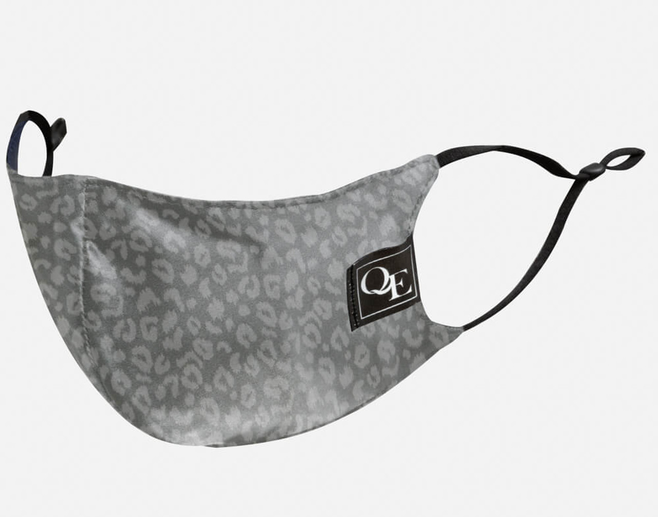 Silver Leopard Silk Face Mask features adjustable straps for a snug fit.
