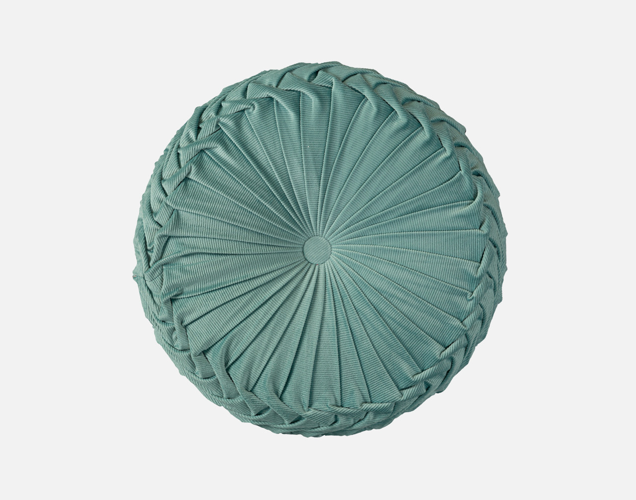 Top view of our Pin-Tuck Round Corduroy Cushion in Aqua sitting against a solid white background.