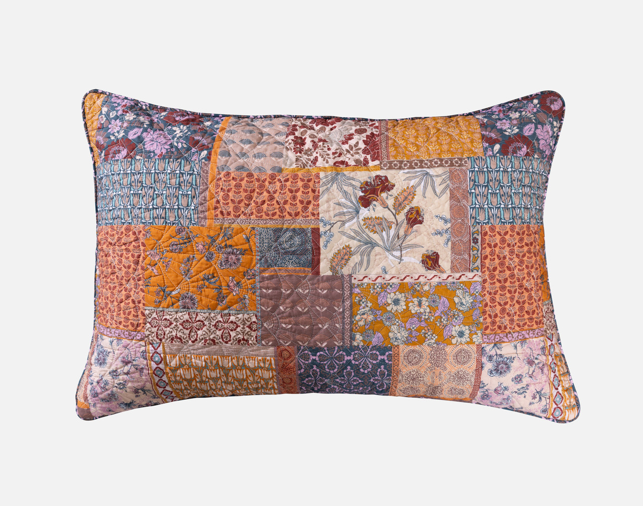 Front view of our Amara Pillow Sham to show its coordinating patchwork pattern.