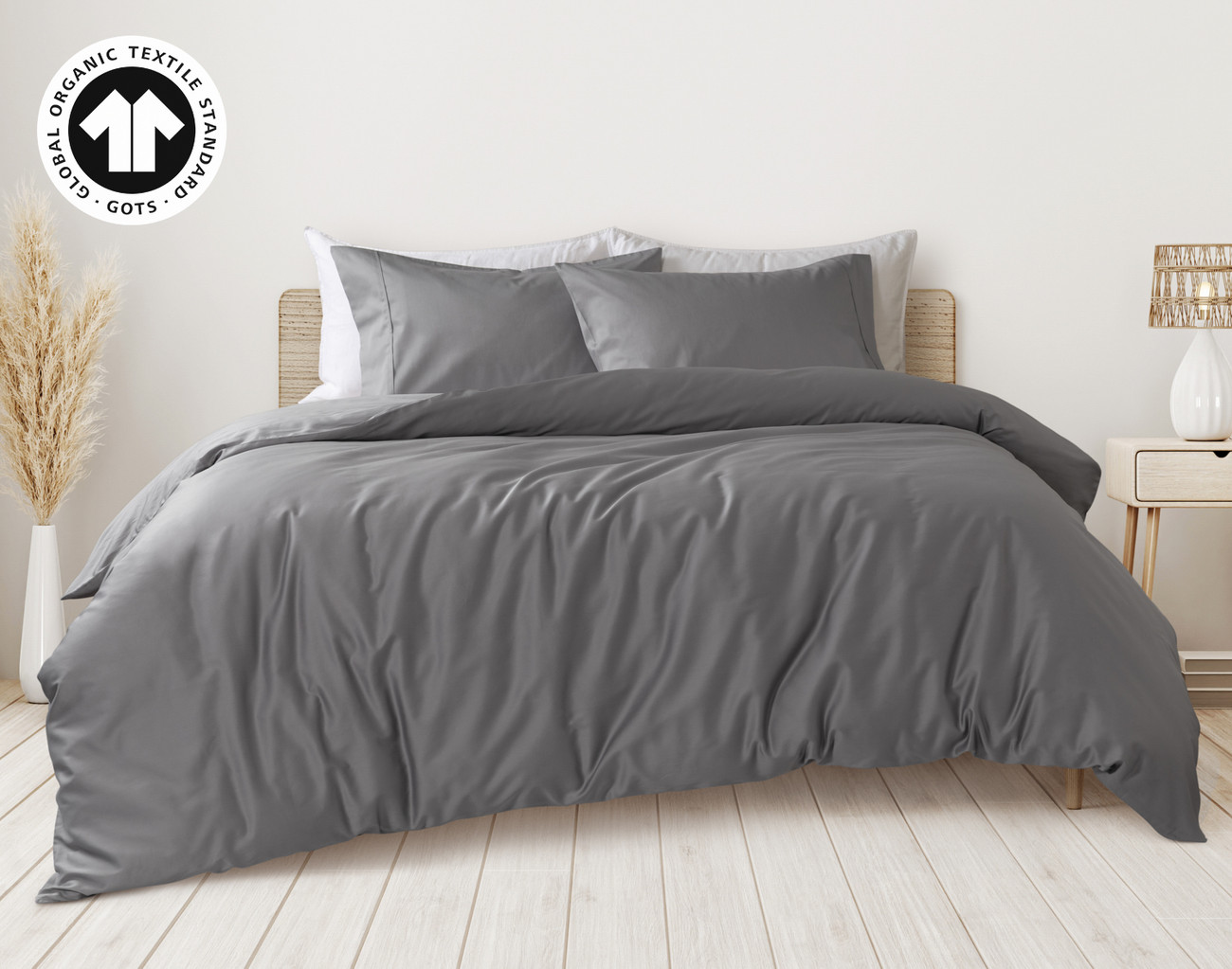 Front view of our Sleet Organic Cotton Duvet Cover dressed over a queen bed.