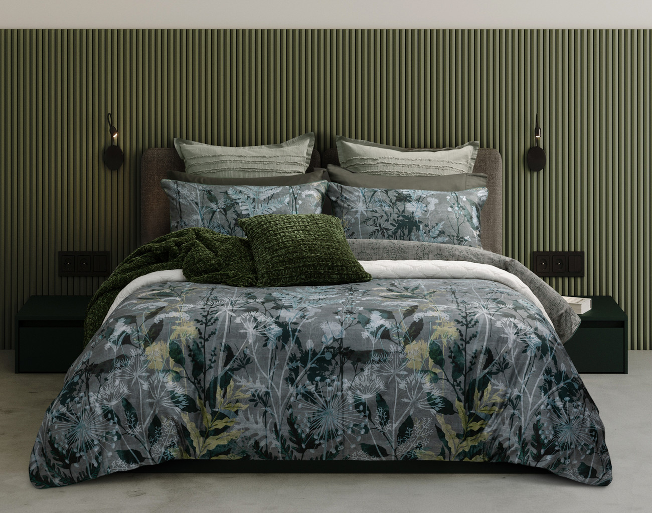 Green, White and Grey Floral Duvet Cover Set