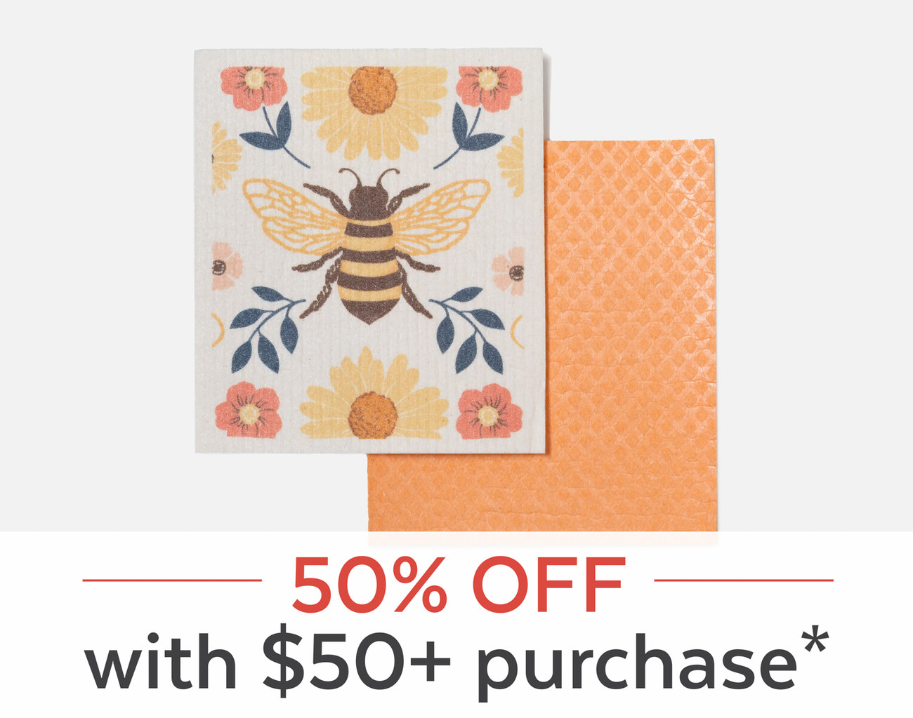 Vue de face de notre ensemble Bee Swedish Dishcloth, comprenant une serviette réutilisable à la main de couleur orange unie et à motifs.