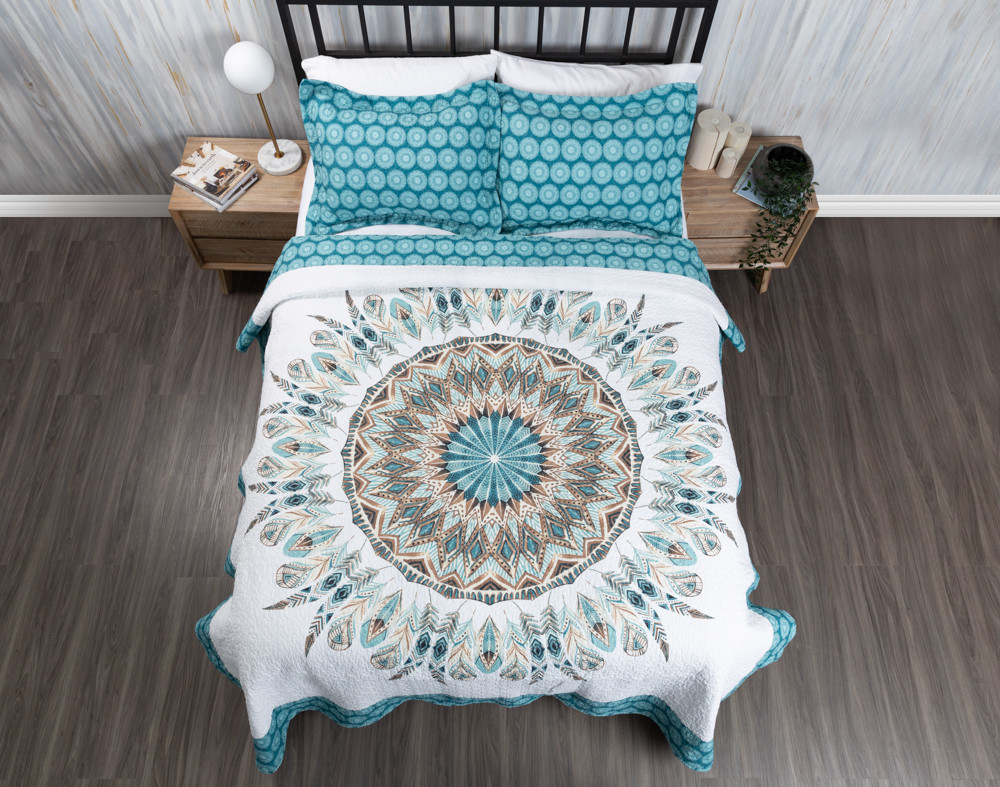 Mantra Teal Cotton Quilt Set QE Home