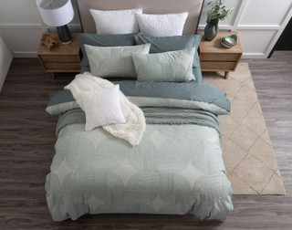 View from above of the Tempo Designer Collection dressing a queen bed in a modern bedroom.