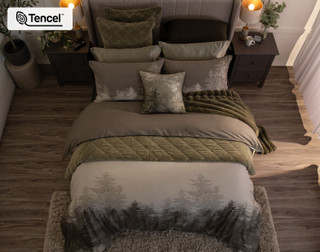 Top-down view of our Fraser collection dressing a queen bed in a modern bedroom.