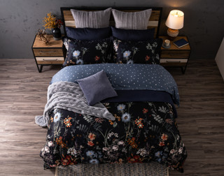 Top-down view of our Sarita Duvet Cover dressed with our Deep Space Sheets and blue quilt set