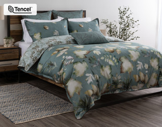 Angled view of our Appalachia collection dressing a queen bed with white sheets.