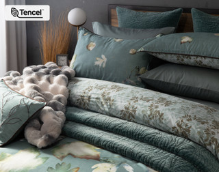 Angled view of our Appalachia collection dressing the head of a queen bed with matching accessories.