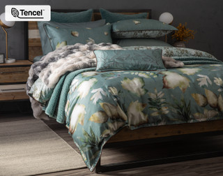 Angled view of our Appalachia collection dressing a queen bed with matching accessories.